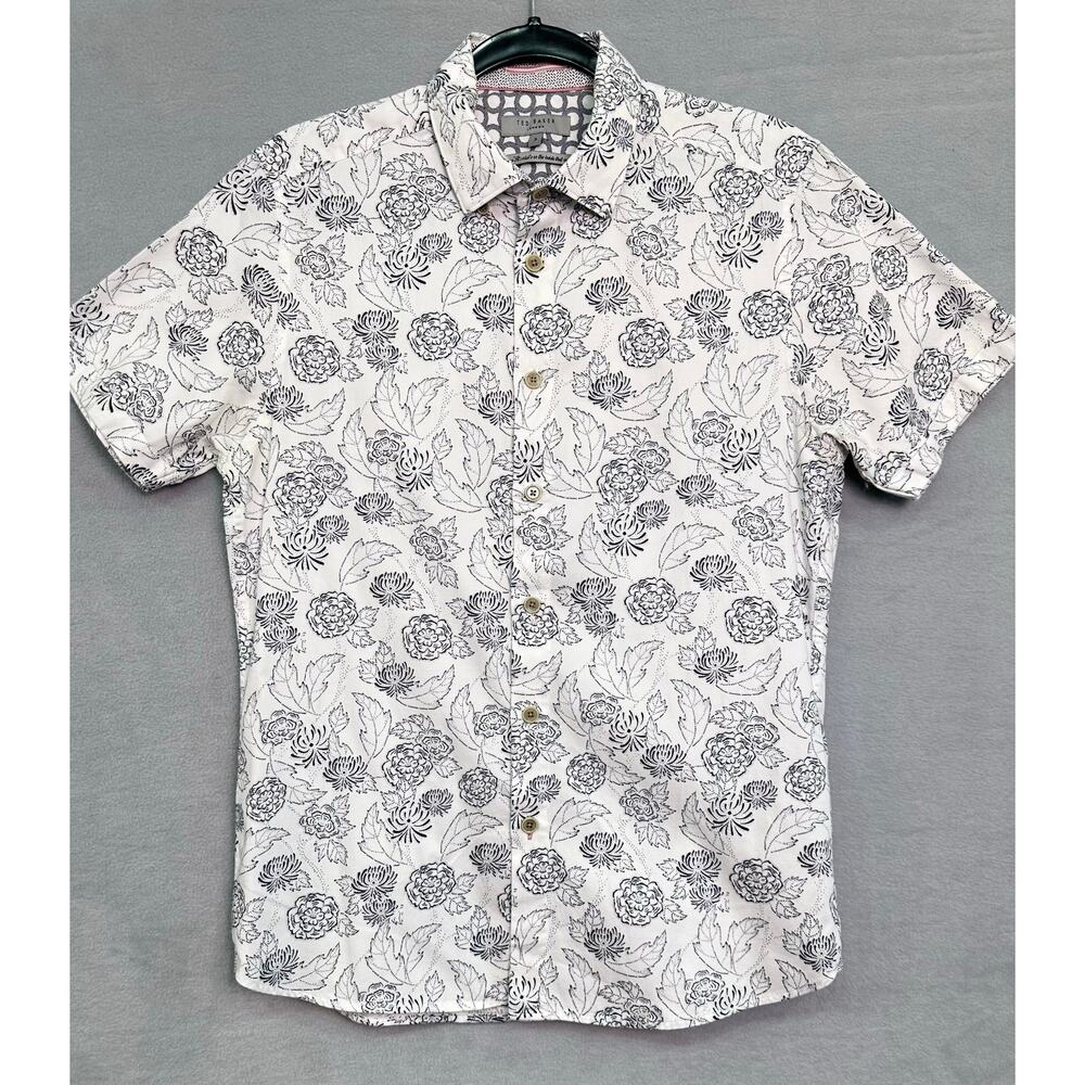 Ted Baker London Mens Floral Print Short Sleeve Button Up Shirt White Black M - Picture 2 of 8